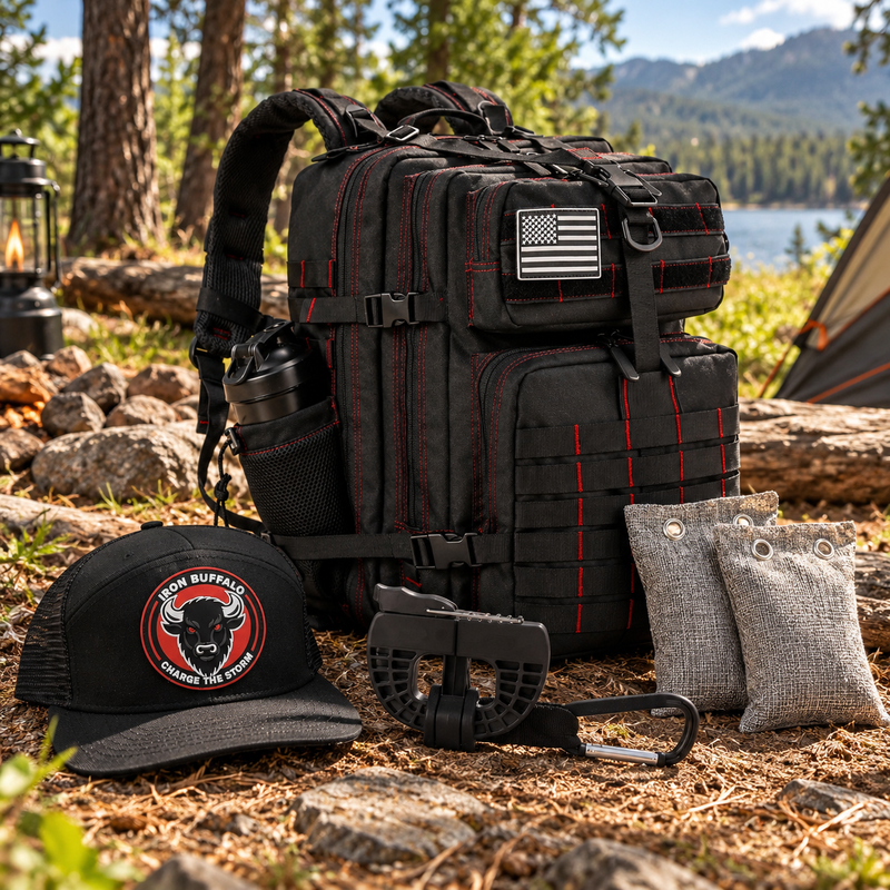 Iron Buffalo accessories including trucker hat, shoe clip, bamboo charcoal odor eliminator bags, and backpack in an outdoor campsite setting